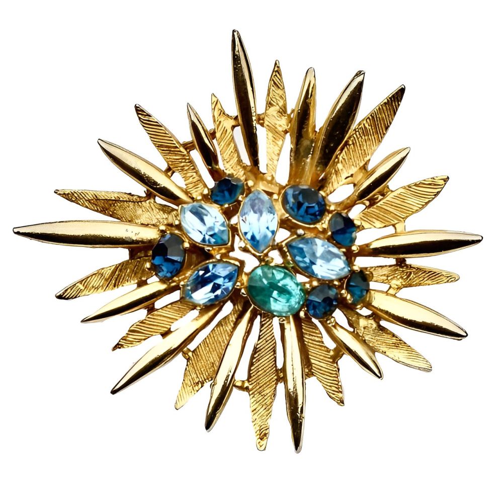Multi Blue Rhinestone Brooch by Exquisite circa 1960s Arabella Bianco